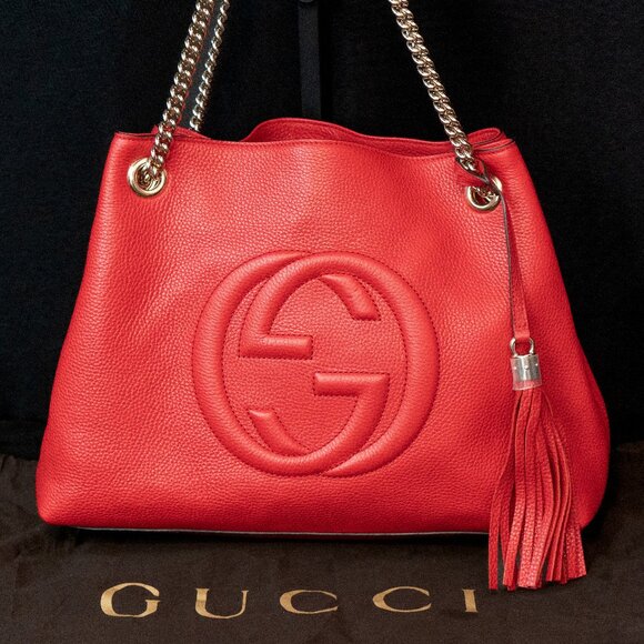 Gucci Handbags - GUCCI Soho Cellarius GG Logo Calfskin Leather Chain Tote RED -  like NEW